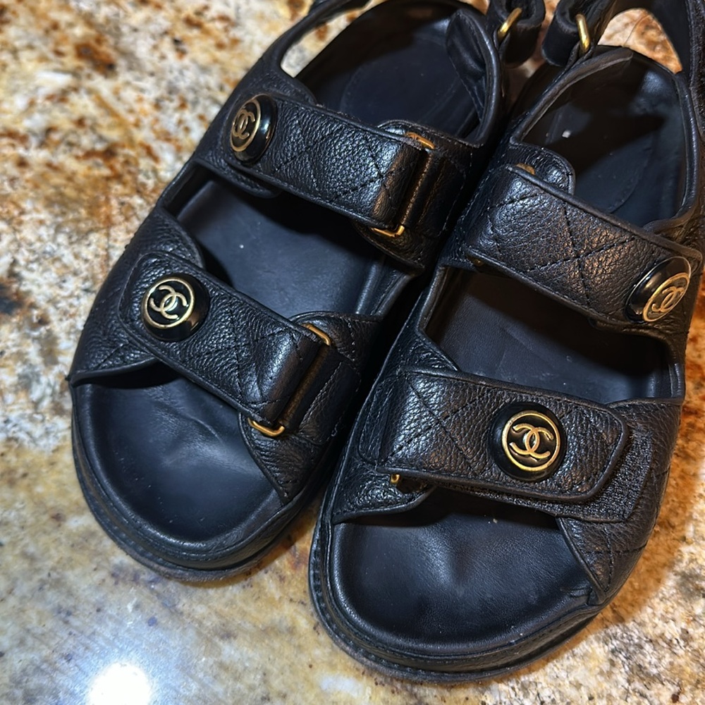 CHANEL Black Leather Dad Sandals - Picture 4 of 9